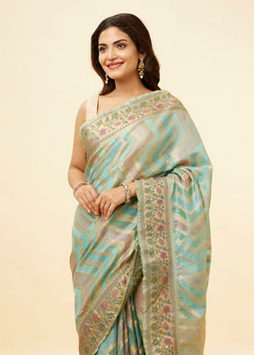 Sea Green and Blue Chevron Patterned Saree image number 1